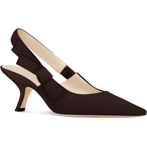 Women's Dark Brown Kitten Heels Closed Pointed Toe Bowknot Knitted Slip On - Picture 1 of 6
